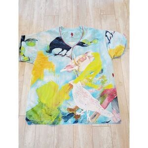 Fabric By Blackburn 3X Men's V-Neck SS T-Shirt Birds Colorful Cotton‎ Vintage